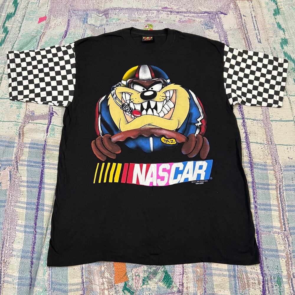 Vintage Nascar Racing Shirt XL Black 90s Taz Looney Tunes Racing Cartoon